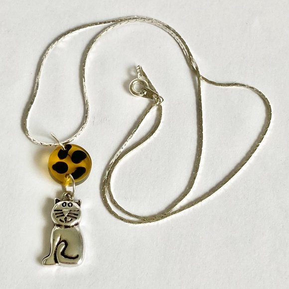 Cat Necklace Silver Plated 18" Chain Crystal Black Enamel Charm Pendant - Picture 6 of 8